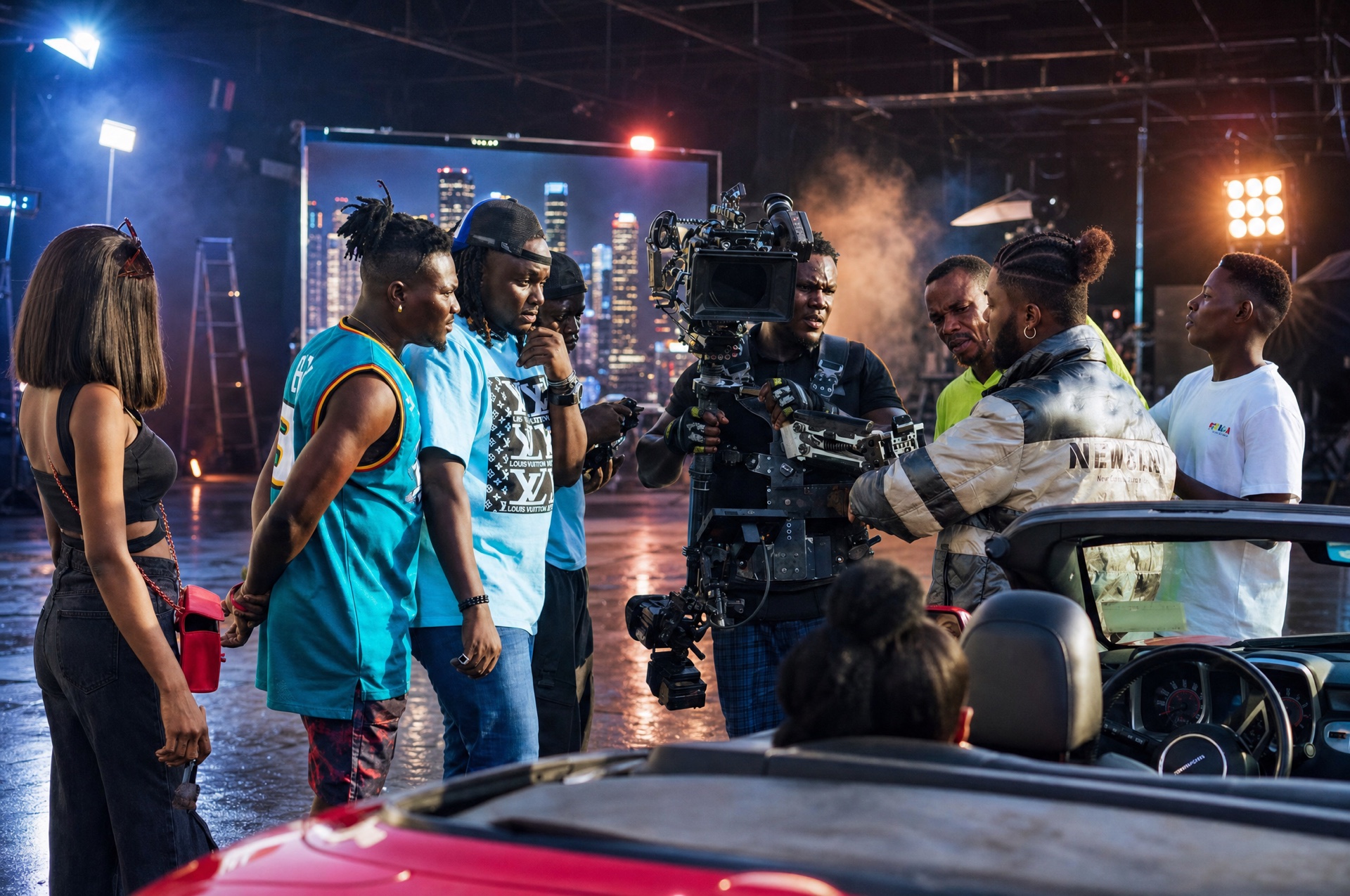 Production crew filming a car scene on a lit studio set with a cinema camera